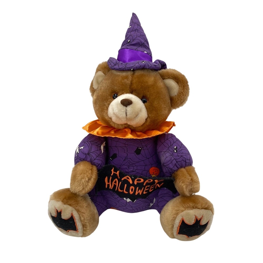 Fiesta‎ Halloween Teddy Bear 10" Plush Witch Spider Web Orange Collar Banner